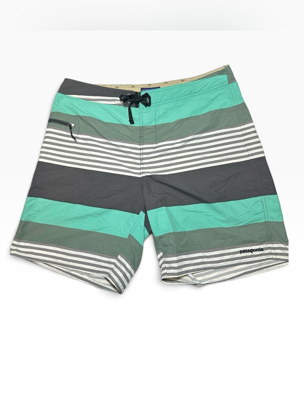 Patagonia Board Shorts Mens 36 Teal Stripes Wavefarer Bathing Suit Swim Trunks